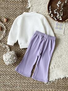 SHEIN Baby Girl Infant Toddler Newborn 0-3 Years Old Autumn/Winter Casual Sweet Strawberry Knitted Cardigan Jacket And Flared Pants 2 Pieces Set - Mauve Purple - View 2