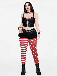 Whyspr Leggings Elásticas de Malha com Listras Contrastantes e Estrelas, Estilo Punk da Moda