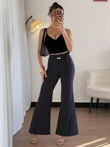 Women's Striped Print Twist Elegant Flare Leg Pants - Navy Blue - View 3