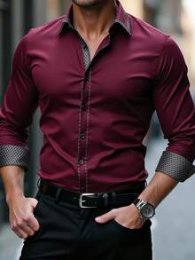 Manfinity Bizformal 男士休闲商务撞色纽扣长袖衬衫 - 酒紅色 - 查看 3