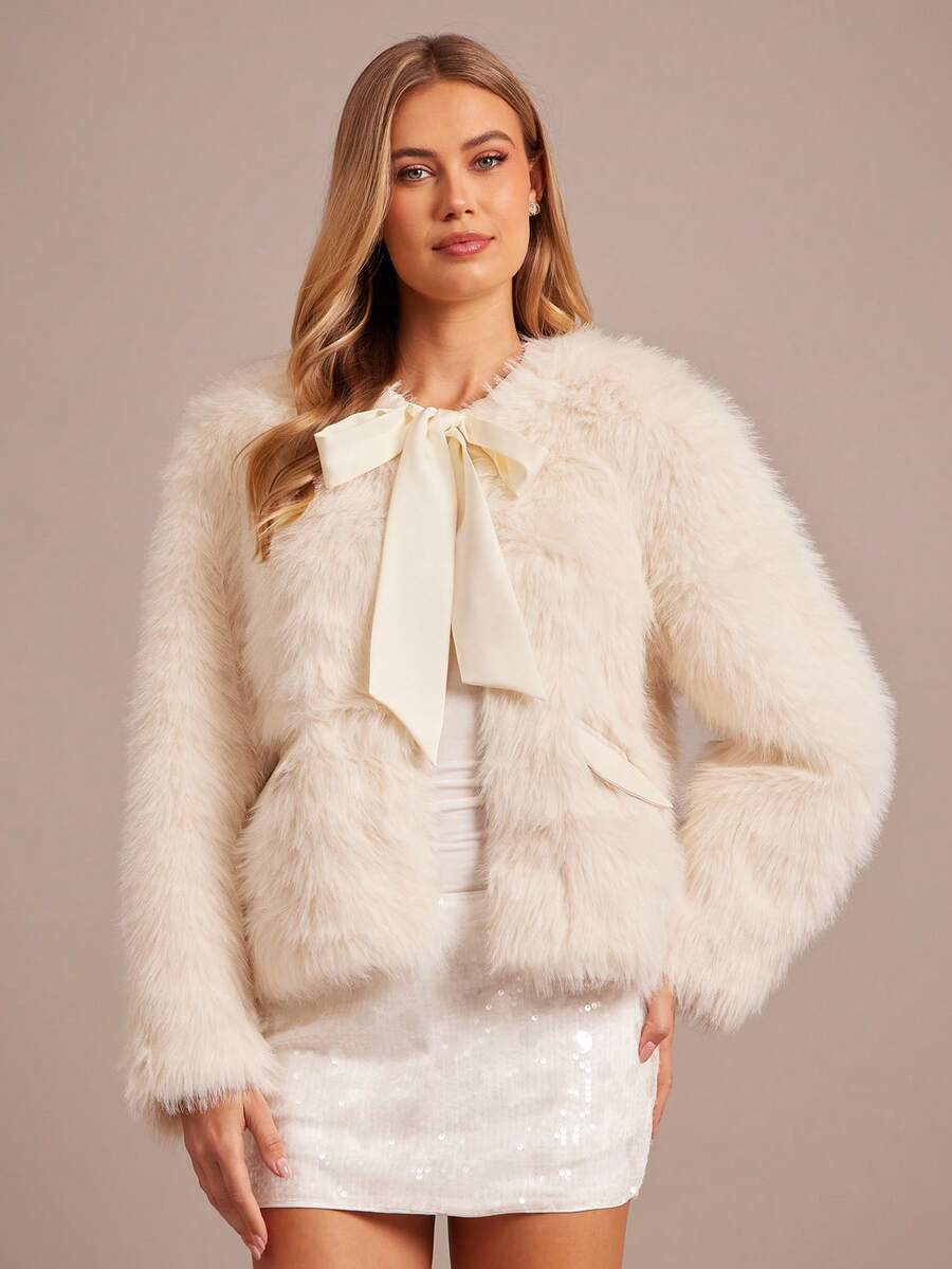 Enchnt Women's Solid Color Long Sleeve Front Tie Elegant Faux Fur Jacket, Winter - Beige - View 1