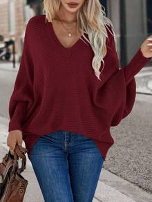 SHEIN LUNE Women's Solid Color V-Neck Batwing Long Sleeve Loose Casual Sweater, Autumn/Winter - Burgundy - View 6