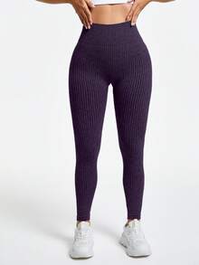 Slayform Women's Solid Color High Waist Ribbed Seamless Yoga Leggings,Quick-Drying Breathable Gym Pants For Pilates,Fitness & Sport - Bold Plum - View 6