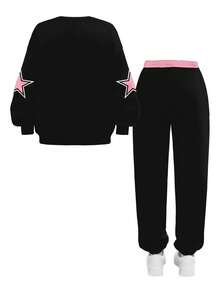 SHEIN Leap Crew Y2K 数字、字母和星星图案休闲街头服饰，嘻哈风格，少女加厚柔软宽松圆领长袖卫衣和运动裤套装，适合秋冬季日常穿着、运动和校园活动。 - 彩色 - 查看 2