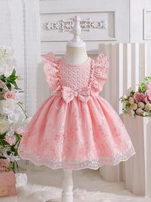 SHEIN Vestido de cumpleaños elegante de verano para niñas bebé, rosa con estampado floral, sin mangas, falda de tul jacquard con lazo 3D, silueta clásica de línea A con volantes para salidas - Rosa - Ver 8