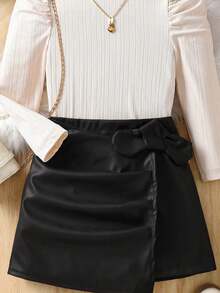 女童优雅高领泡泡袖上衣和高腰A字裙两件套，含贝雷帽 - 杏色 - 查看 4