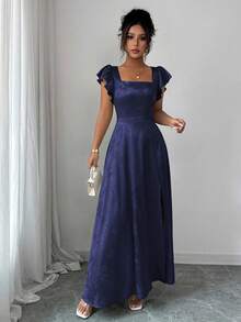 Elenzga Đầm dài nữ xuân hè cổ vuông, tay bèo nhún, thắt nơ eo sau lưng, xẻ tà trước, vải jacquard bóng màu xanh lá cây, đa năng khi đi làm, mặc hàng ngày, phù dâu, dạ hội, tốt nghiệp, thoải mái và hợp thời trang, giá trị cao - Màu xanh hải quân - Xem 7