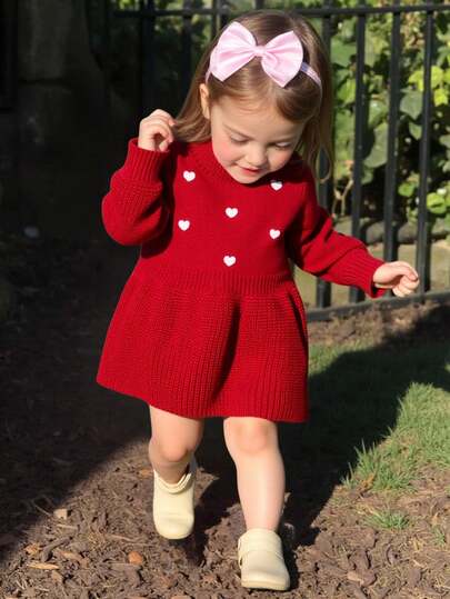 SHEIN Playful Pals Fashionable Heart & Peach Embroidered Warm Sweater Dress For Toddlers. The Core Design Of Embroidered Heart And Peach Pattern Combined With The Sweater Dress Category, Suits The Cute And Lively Attributes Of Infants And Toddlers. Baby Girl Red Dress Baby Girl Heart Outfit Toddler Girl Red Dress Toddler Girl Red Clothes Red Dress For Babygirl Toddler Girl Heart Outfit Red Dress With Hearts Baby Girl Heart Dress