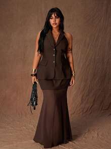 Rustia Plus Size Women Backless Halter Top & Chiffon Mermaid Hem Skirt 2 Pieces Set - Coffee Brown - View 2