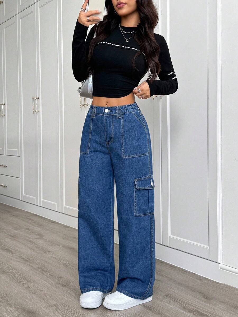 SHEIN PETITE 女款純色休閒牛仔褲,適合嬌小女性 - 藍色 - 查看 1