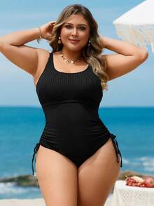 Swim Lushoire Traje de baño de una pieza de talla grande para mujer, de nuevo unicolor y tela especial, con tirantes ajustables, relleno desmontable, cordón lateral, control de abdomen, sexy, informal, elegante, adecuado para la playa y la natación - Negro - Ver 5