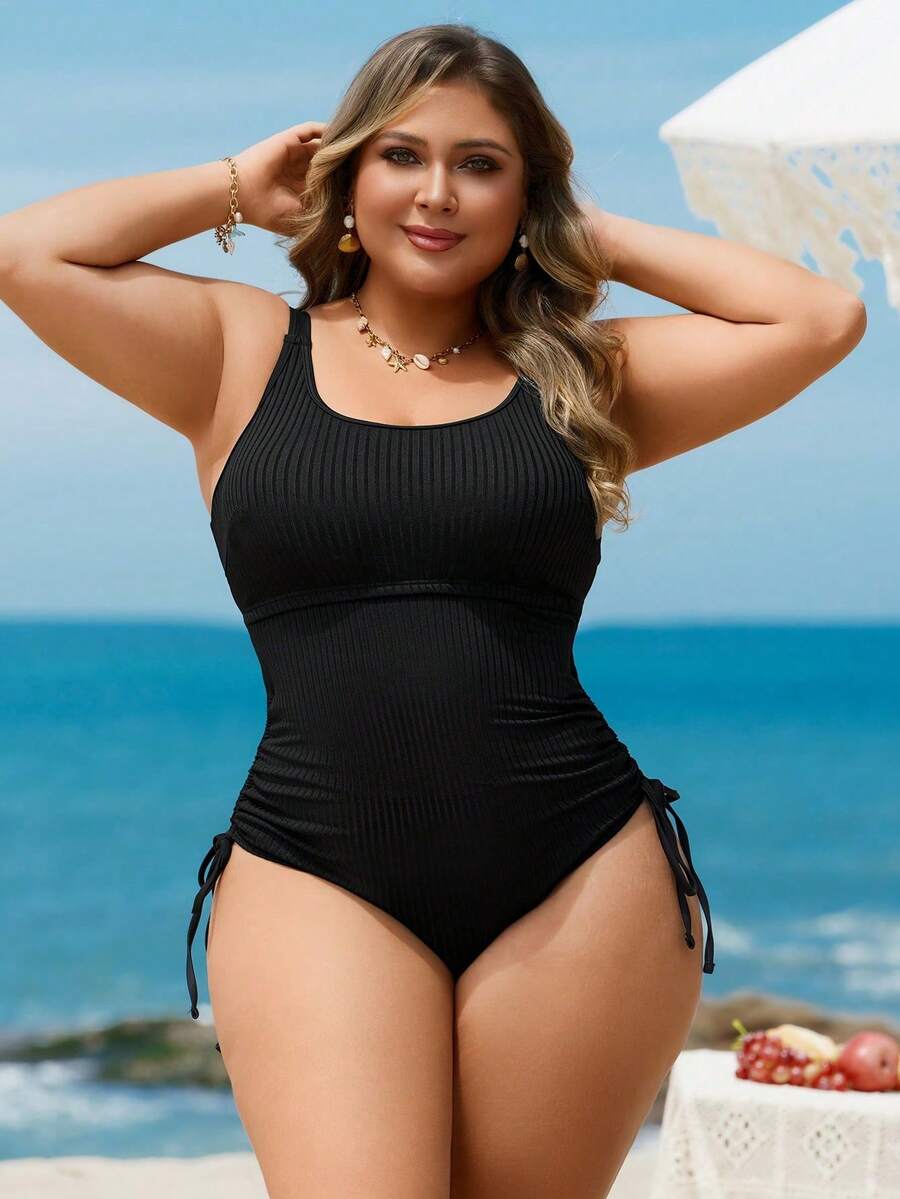 SHEIN Swim Plus Size Women Black Basique One-Piece Swimsuit,Tummy Control Side Drawstring Removable Padding Adjustable Strap, Summer Beach Holiday Swimwear - Black - View 1