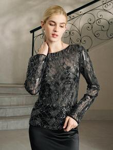 Anewsta Women's Long Sleeve Vintage Coin Design Beaded & Sequin Embellished Elegant Party Top, Suitable For Halloween - Black - View 4