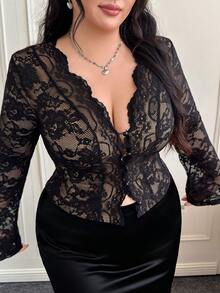 CovetEZ Plus Size Sexy Lace Trim Semi-Sheer Women Top/Valentine's Day - Black - View 4