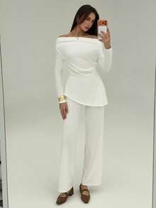 Aloruh Women's White Autumn Elegant Semi Formal Two Piece Pants Set,Ruched One-Shoulder Irregular Hem Top & Draped Straight-Leg Pants Office Party Outfit - White - View 8
