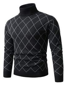 Manfinity Mode Plus Size Men's Plaid Turtleneck Long Sleeve Casual Sweater, Autumn/Winter Men Turtle Neck Men's Sweater - Multicolor - View 3