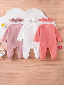 6pcs/3Set Baju Terusan Bayi Baru Lahir Warna Polos Seri Putih, Merah Muda, Merah Muda Semangka Lengan Panjang dan Bando Set Homesuit - MultiWarna - View 3