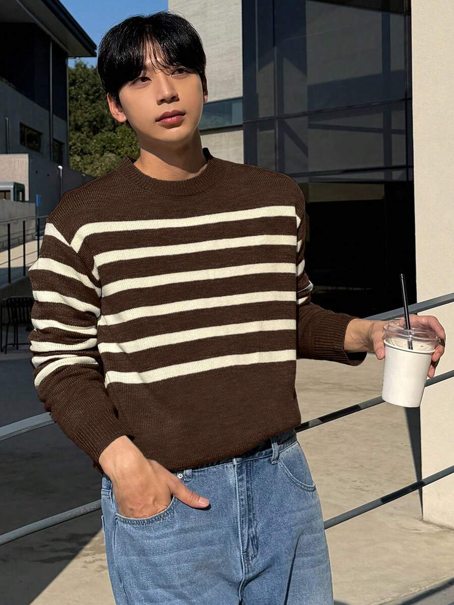DAZY Men's Brown Striped Crew Neck Sweater, Autumn - Brown - View 1