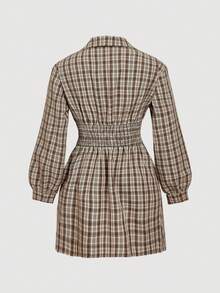 SHEIN MOD Plus Size Women's Plaid Print V-Neck Lantern Sleeve Ruched Fitted Mini Dress, Suitable For Work, School, Casual Wear, Fall Clothes For Women,Shirt Dress,Brown Plaid,Office Outfit,Long Sleeves,Fitted Waist/Winter