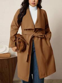 SHEIN LUNE Plus Size Solid Color Minimalist Long Sleeve Woolen Sweater, Everyday Wear/Winter - Brown - View 7