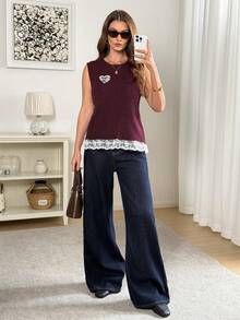Easowa Women's Sleeveless Round Neck Sweater Vest With Lace Hem And Heart Embroidery, Burgundy Casual Pullover Top Elegant Burgundy Women Sweater Vest Featuring Delicate Lace Trim And Chic Heart Patch, Perfect For Layering Style Fashionable Sleeveless Knit Top For Women, Burgundy Sweater With White Lace Detail And Unique Heart Design - Burgundy - View 4