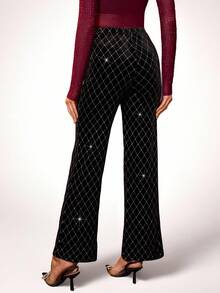 SHEIN Clasi Quần nhung đen cạp cao thanh lịch đính đá Rhinestone cho nữ, thích hợp mặc dự tiệc, mặc hàng ngày và nhiều dịp khác nhau, mùa thu/đông - màu đen - Xem 4