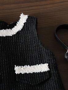 SHEIN Elladie kids 两件套女婴秋冬服装，适合开学季，3个月至3岁，包含一件灰色碎花时尚街头风弹力罗纹高领长袖荷叶边上衣和一件黑色圆领无袖层叠网纱裙，舒适柔软休闲，适合春、秋、冬三季室内外穿着，可作为礼物。 - 彩色 - 查看 6
