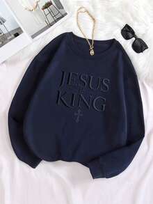 INAWLY Sweatshirt Pullover Wanita Warna Polos Leher Bulat Lengan Panjang Bordir Modis - Navy Blue - View 3