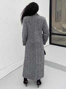 Alexandranx Women's Herringbone Pattern Lapel Collar Long Sleeve Long Overcoat, Autumn/Winter - Grey - View 2