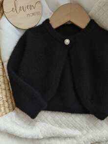 Babygirl Cute Solid Color Faux Fur Elastic Short Cardigan, Versatile For Autumn/Winter - Black - View 4