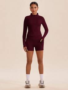 Conjunto deportivo mujer tela suave ajustada absorbe humedad chaqueta cremallera cuello alto pantalones cortos sin transparencia deportivo elegante Varios Colores Disponibles - Color caoba - Ver 5