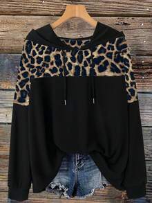 EMERY ROSE Plus Size Women's Popular Casual Leopard Patchwork Contrast Color Hooded Sweatshirt, Suitable For Daily Wear, Commuting, And Outdoor Activities - Multicolor - View 1