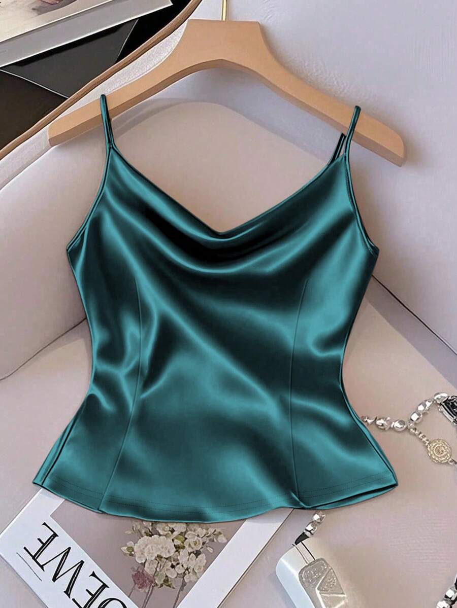 GlowEve 女式闪亮梭织面料无袖收腰修身休闲吊带背心，适合春秋冬季 - 綠色 - 查看 1