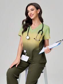 TaskEZ Conjunto de uniforme de scrubs con top de manga corta en degradado y pantalones de unicolor - Verde militar - Ver 1