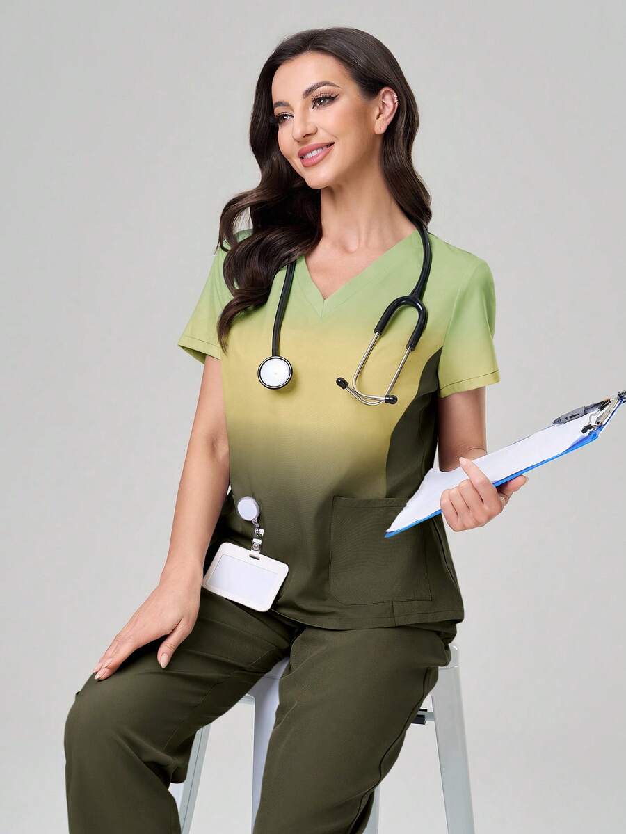 TaskEZ Conjunto de uniforme de scrubs con top de manga corta en degradado y pantalones de unicolor - Verde militar - Ver 1