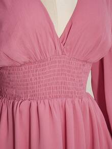 SHEIN ICON Plus Size Pink V-Neck Ruched Waist A-Line Dress With Flare Sleeves,Boho,Hippie,Y2K Style,Summer Holiday,Nomadic Vibe,Music Festivals & Back To School - Baby Pink - View 6