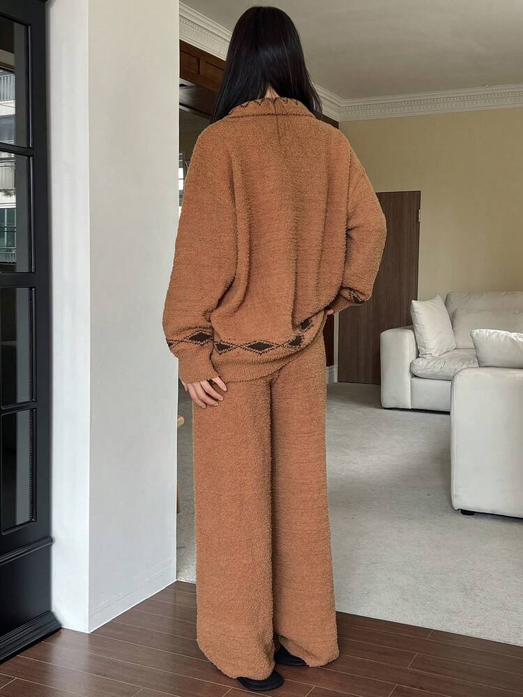 2pcs Women's Diamond Pattern Jacquard Thermal Lined Long Sleeve Top And Pants Pajama Set, Winter