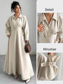 Elenzga 大码女士优雅V领荷叶袖收腰A字春秋连衣裙 - 杏色 - 查看 9