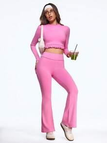 SHEIN Sovereign Charm Women's Soft Pink Autumn Athleisure Gym Set,Long Sleeve Crop Top With Ruffle Hem,High Waist Flare Pants,Stretch Slim Fit Activewear Workout Outfit - Pink - View 6