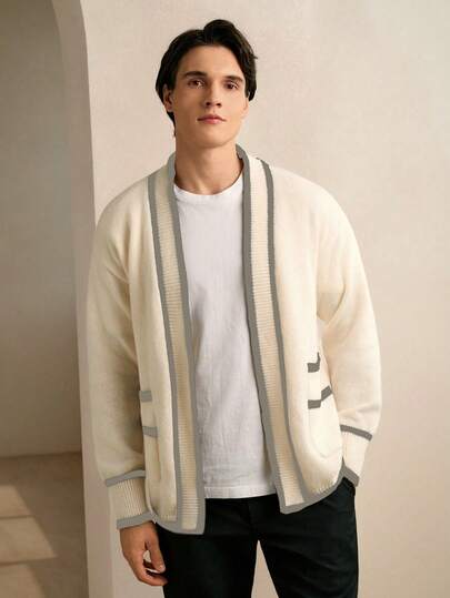 RONVEXI 男士休闲口袋长袖开衫，学院风开衫，冬季款