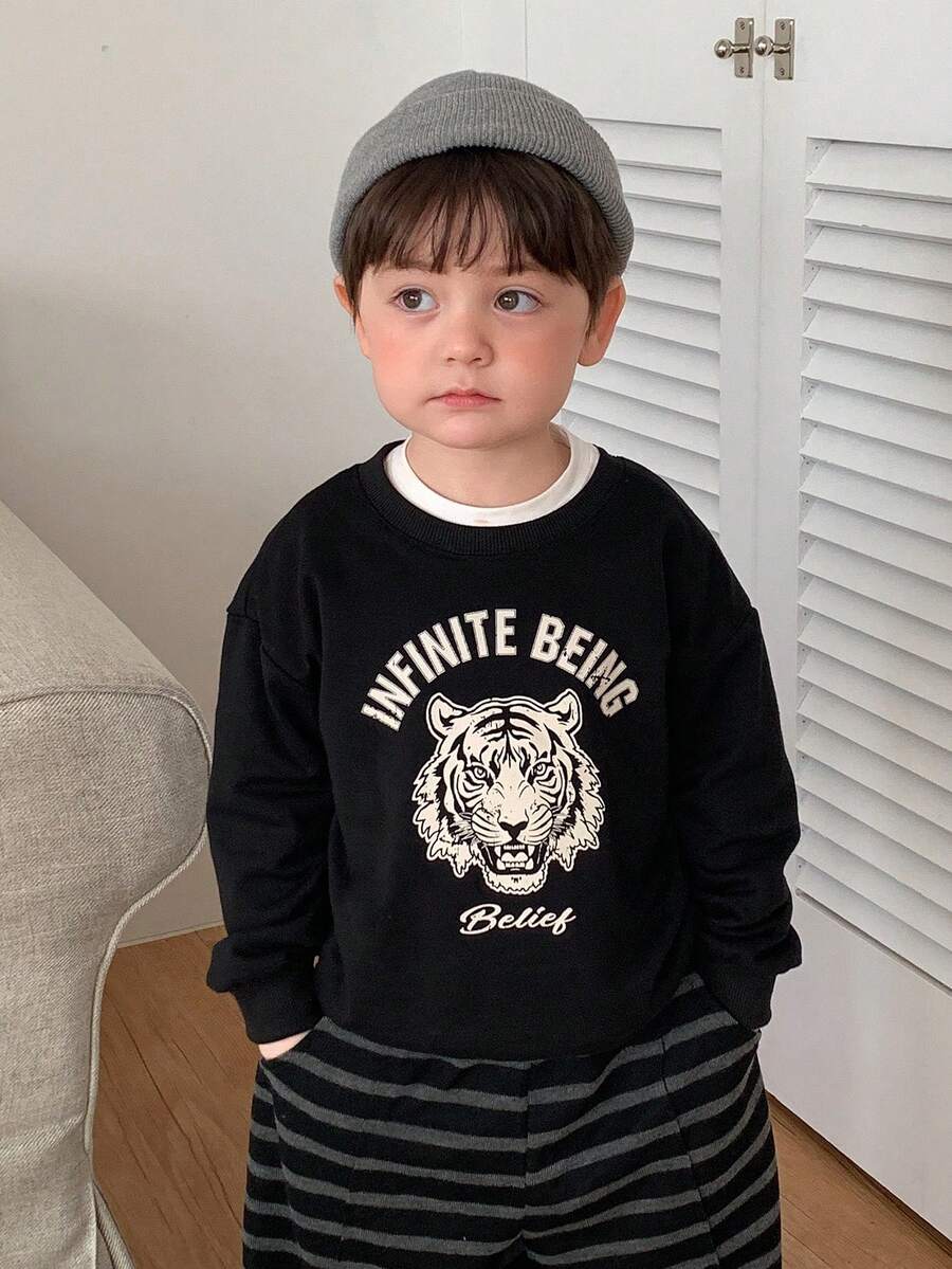 DAZY 幼儿男童卡通字母印花圆领长袖卫衣，秋冬季 - 黑色 - 查看 1