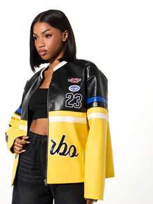 SUMWON WOMEN Racing Inspired Varsity Jacket With Contrast Sleeves And Number Badge Detail Moto Style Zip Front Outerwear - Multicolor - View 5