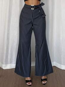Women's Striped Print Twist Elegant Flare Leg Pants - Navy Blue - View 4