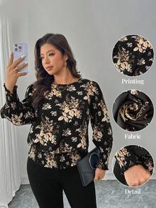 SHEIN LUNE Chemise décontractée de grande taille à imprimé floral vintage avec col rond, garniture à volants et manches bouffantes. Top noir élégant. Collection de blouses chics pour femmes. Blouses élégantes pour femmes pour le Nouvel An, Noël, les vêtements pour femmes en hiver, le Thanksgiving. Blouse à manches longues à fleurs, blouse de soirée pour femmes. - Multicolore - Voir 2
