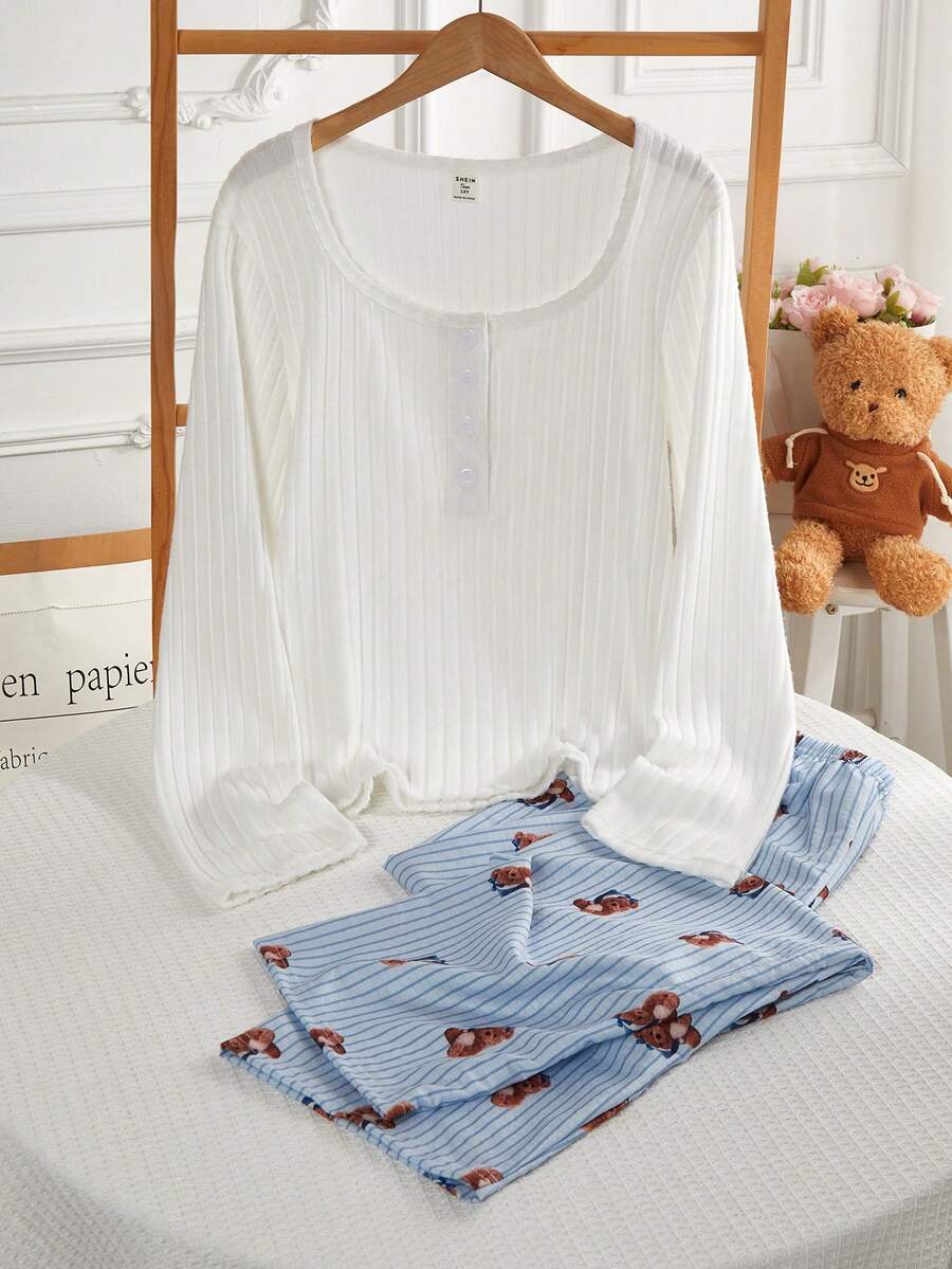 Teenage Girls White Pajama Set,Autumn Casual Family Matching Long Sleeve Top & Striped Bear Print Pants,Ribbed Bubble Crinkle Homewear Lounge Outfit - White - View 1