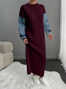 EURMUSE Casual V-Neck Patchwork Denim Loose Knit Dress, Autumn/Winter - Purple - View 4