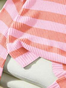 Franclia Casual Loose Fit Striped Lantern Sleeve Sweater With Contrasting Colors,Long Sleeve Tops, Knit Pullover Fall Winter - Multicolor - View 4