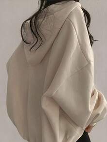 INAWLY Women's Letter Graphic Loose Fit Drawstring Hooded Sweatshirt - Khaki - View 2