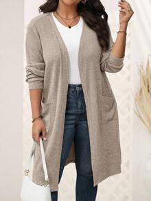 EMERY ROSE Plus Size Women's Solid Color Long Sleeve Dual Pocket Open Front Casual Jacket/Winter Fall Clothes Plus Size Plus Size Cardigan Plus Size Winter Clothes Fall Clothes For Women Brown Cardigan - Khaki - View 3