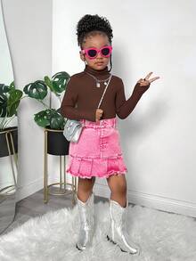 2pcs Young Girl Casual Solid Color Knit Round Neck Long Sleeve Slim Fit Top, Sibling Matching Outfits (Sold Separately) - Brown - View 3